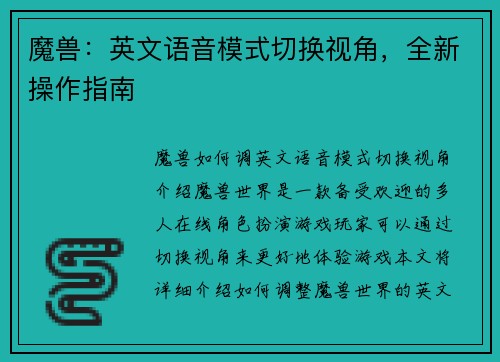 魔兽：英文语音模式切换视角，全新操作指南